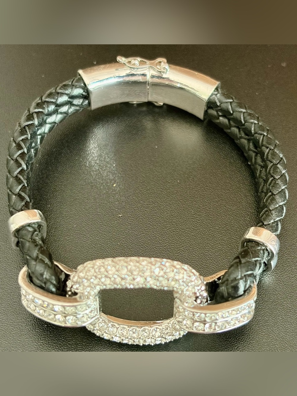JOAN BOYCE BRAIDED BLACK LEATHER CORD BRACELET WITH CLEAR PAVE CRYSTALS
